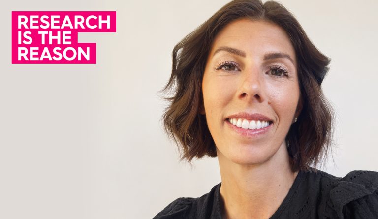 a portrait of christina smiling with research is the reason in pink and white letters
