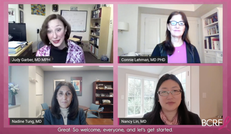 screenshot of four researchers speaking from their homes as part of  BCRF's virtual Boston symposium