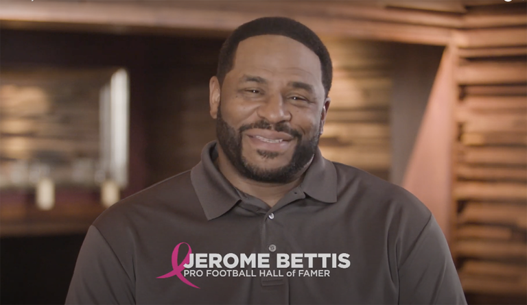 A screenshot of Jerome Bettis from his PSA for BCRF with fuboTV