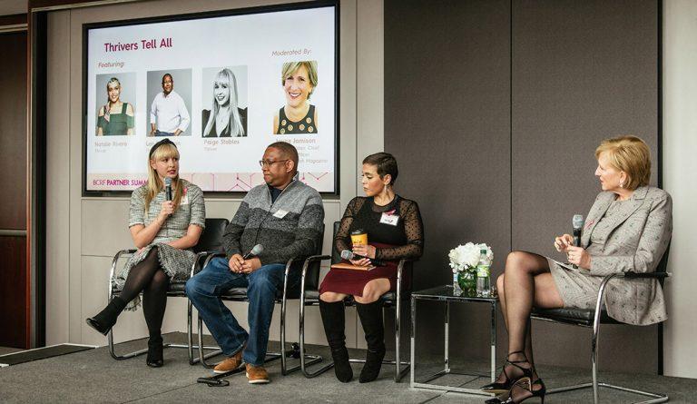 A panel of people who were successfully treated for breast cancer speak at BCRF's corporate partner summit in 2020