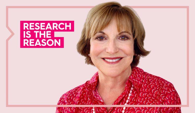 a portrait of alice wearing a red shirt with the words research is the reason against a pink background