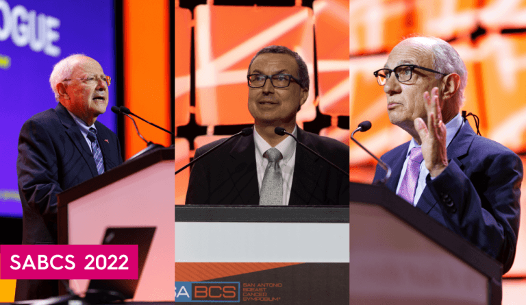BCRF investigators at SABCS giving their award lectures at a podium with orange and purple backgrounds|dr. norman wolmark holds his william mcguire award on a stage at sabcs|dr. geoffrey wahl shakes hands with another researcher before receiving his brinker award at sabcs|dr. chuck perou holds his brinker award on a stage at sabcs