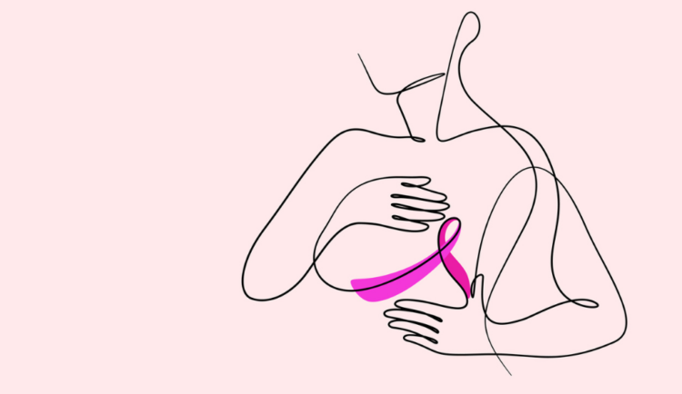 a line drawing of a woman with a pink ribbon against a pink background