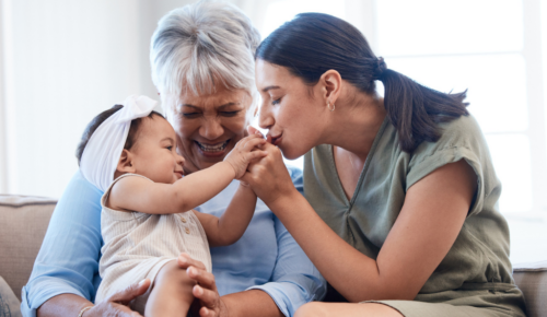 a photo of three generations of women, a baby, a mother, and a grandmother, to evoke family history