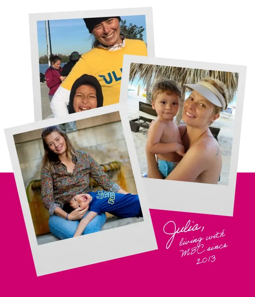 A photo collage featuring a smiling mother and child featuring a banner that says, '3X Match'. Handwritten text beneath the photos says, 'Julia, living with MBC since 2013.'