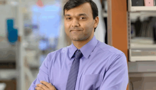 Dr. Sarat Chandarlapaty stands for a portrait in his lab