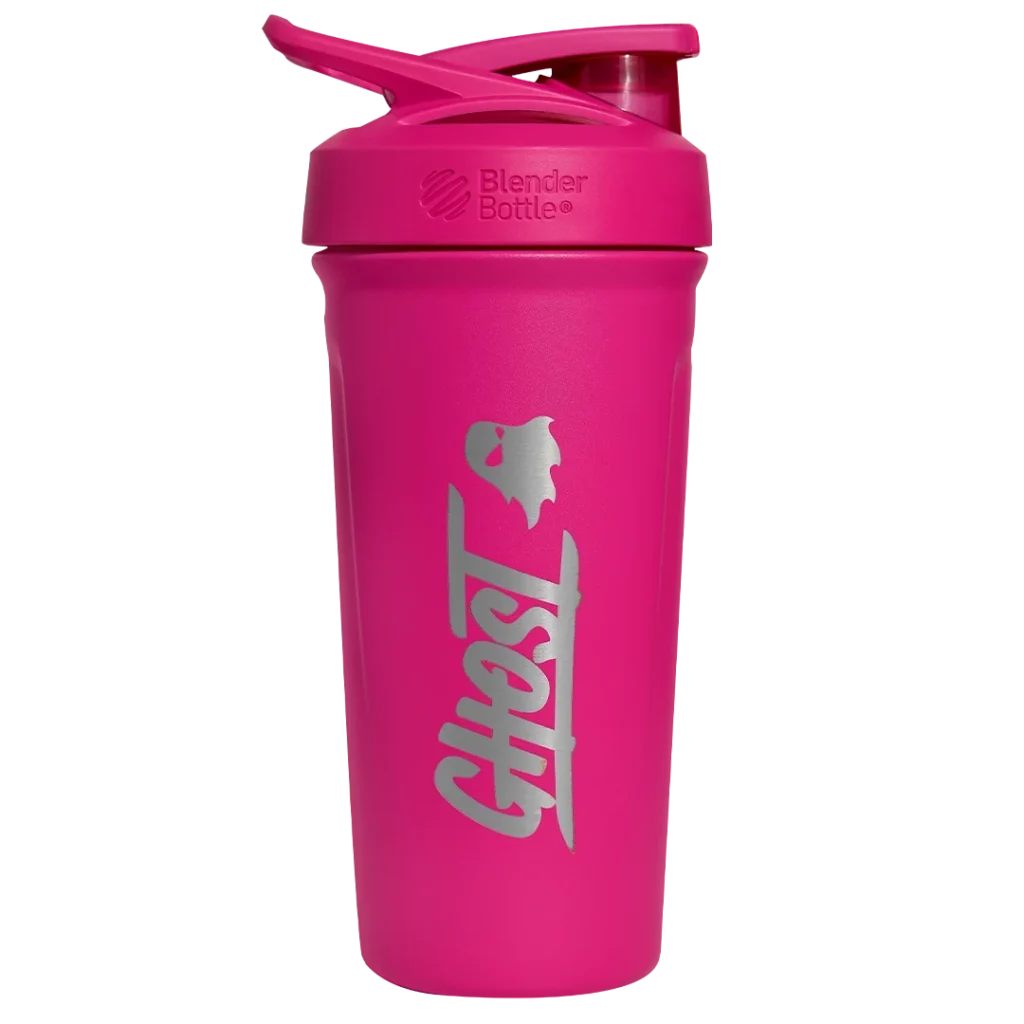 Ghost pink shaker bottle in front of white background