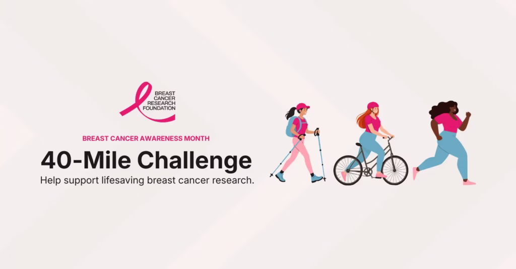 graphic of 40-mile challenge with illustration of three people walking biking and running on a cream background