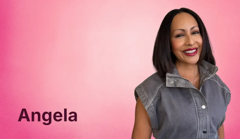 angela hernandez smiling at the camera in front of a pink background and her name