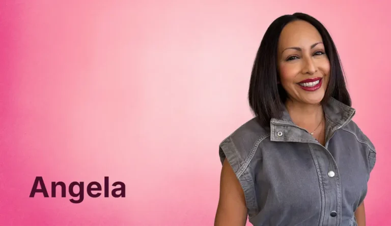 angela hernandez smiling at the camera in front of a pink background and her name