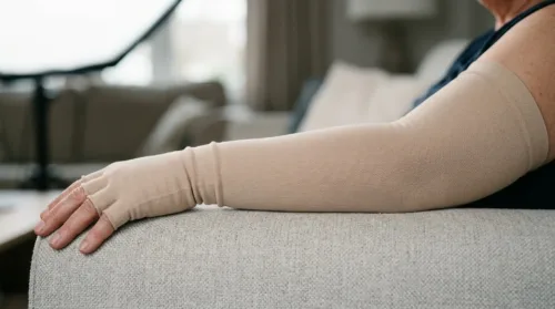 a woman's arm in a compression glove due to lymphedema resting on a sofa