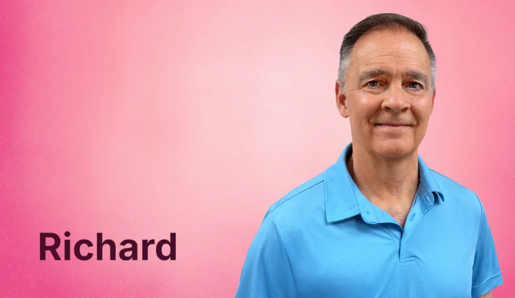 Photo of richard loud in a blue t-shirt in front of a pink background and his name