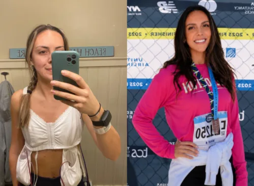 a photo of danielle gabriel during treatment next to one of her in marathon gear