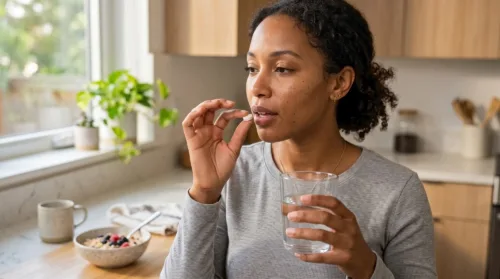 black woman wearing a gray long-sleeve shirt and taking a pill in kitchen with a bowl of fruit and cereal in the background